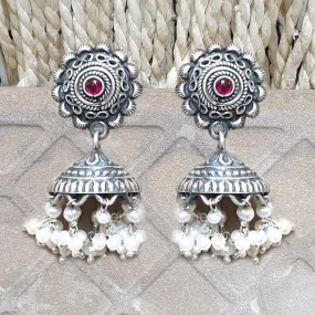 925 Silver Antique Look Earrings With Pearl Drop Jhumki And Pink Center