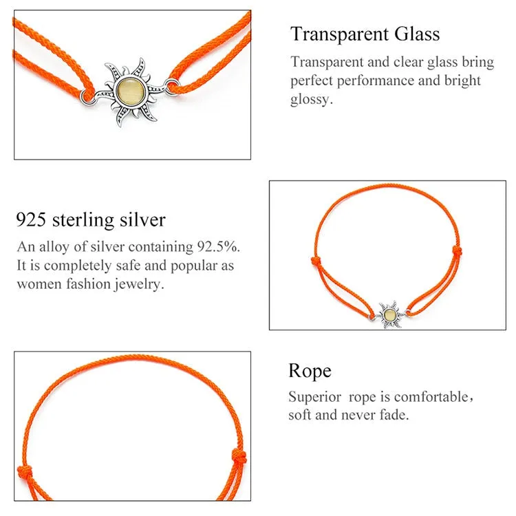 925 Sterling Silver Orange Sun Rope Adjustable Bracelet for Women