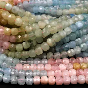 AA Natural Multicolor Blue Aquamarine Pink Morganite Faceted 4mm 5mm 6mm Cube Dice Square Beads Micro Faceted Laser Diamond Cut 15.5" Strand