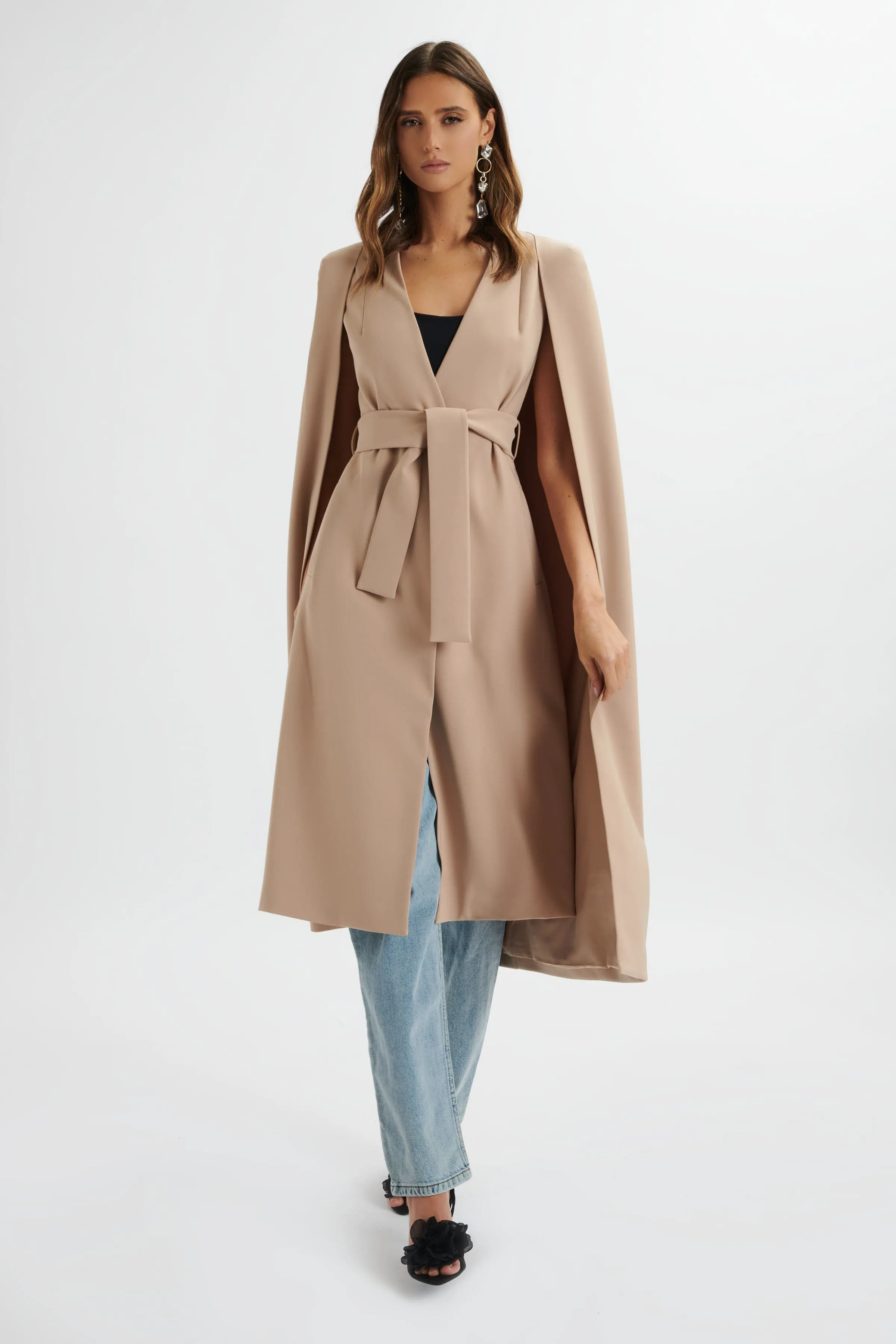 ALEXIA Longline Belted Cape Blazer In Camel