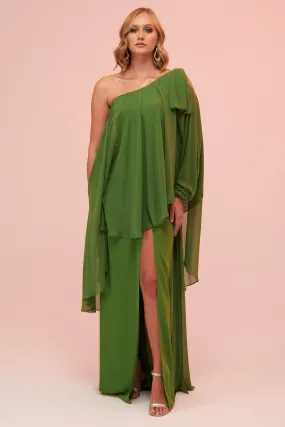 Angelino Green Single Sleeve Slit Plus Size Chiffon Evening Dress