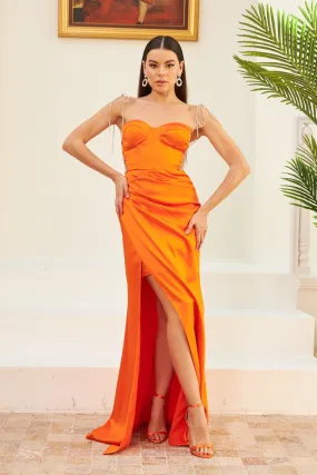 Angelino Orange Satin Tied Long Evening Dress and Invitation Dress