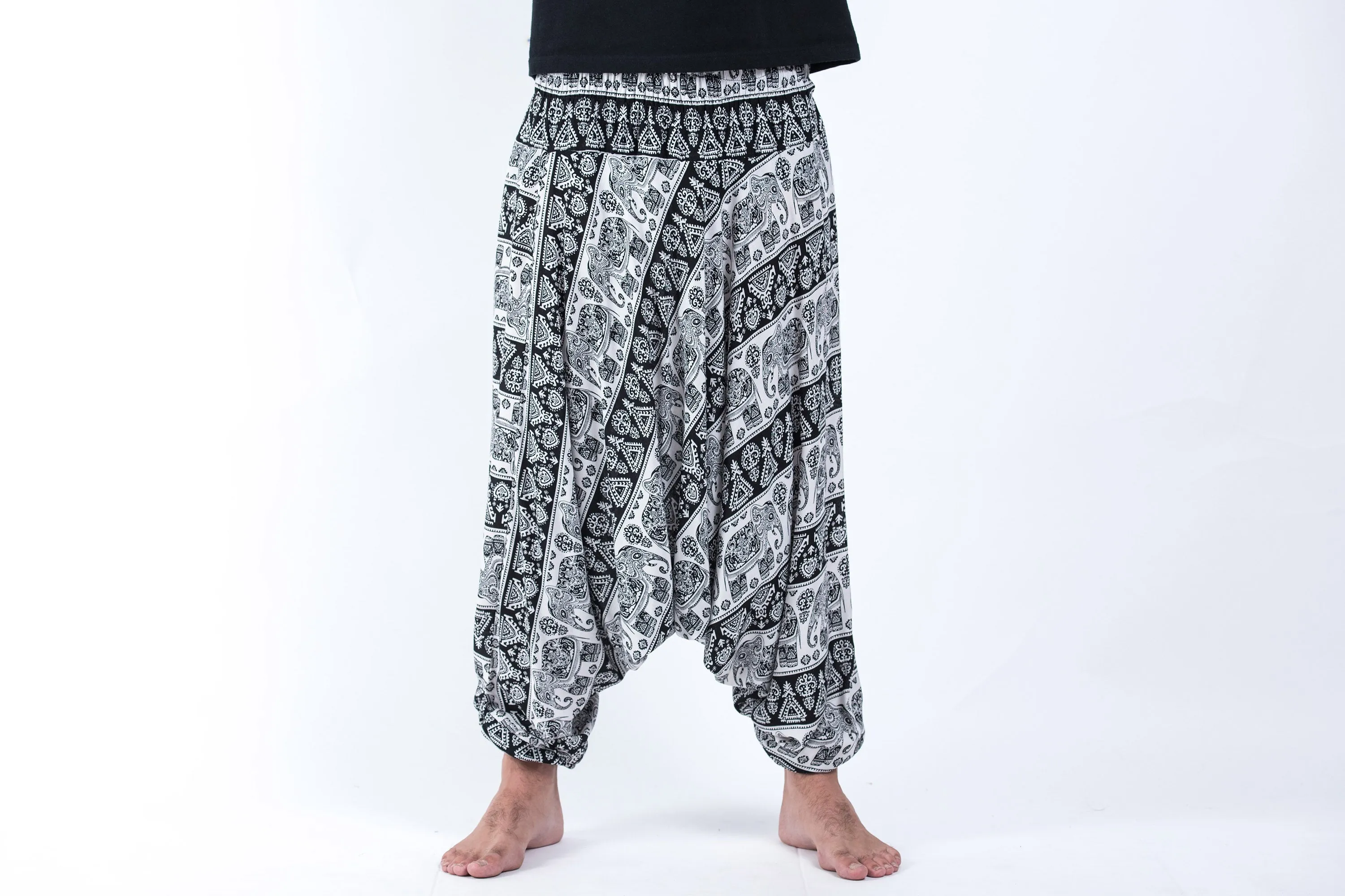 Aztec Elephant Drop Crotch Men's Elephant Pants in Black White