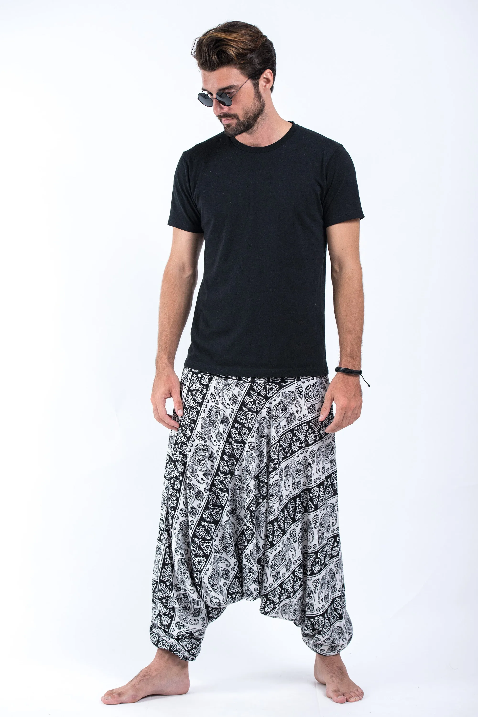 Aztec Elephant Drop Crotch Men's Elephant Pants in Black White