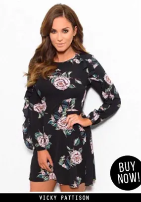 Black Bell Sleeve Floral Skater Dress