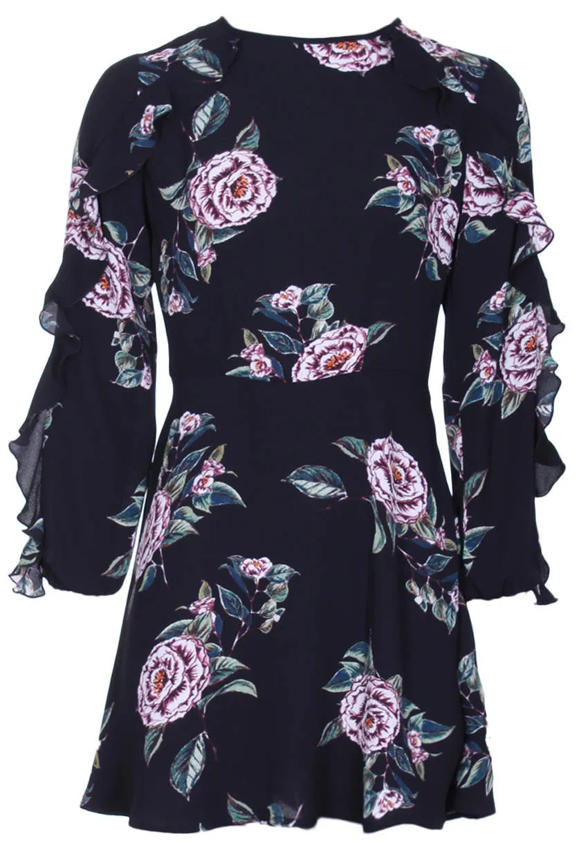 Black Bell Sleeve Floral Skater Dress