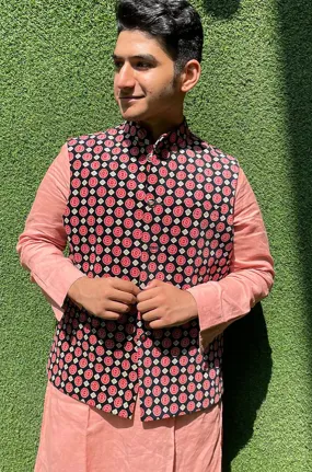 Black Digital Printed Velvet Nehru Jacket