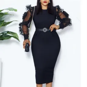 Black Dress O Neck Transparent Mesh Long Sleeves