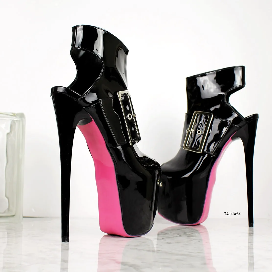 Black Gloss Big Belted Ankle Heels