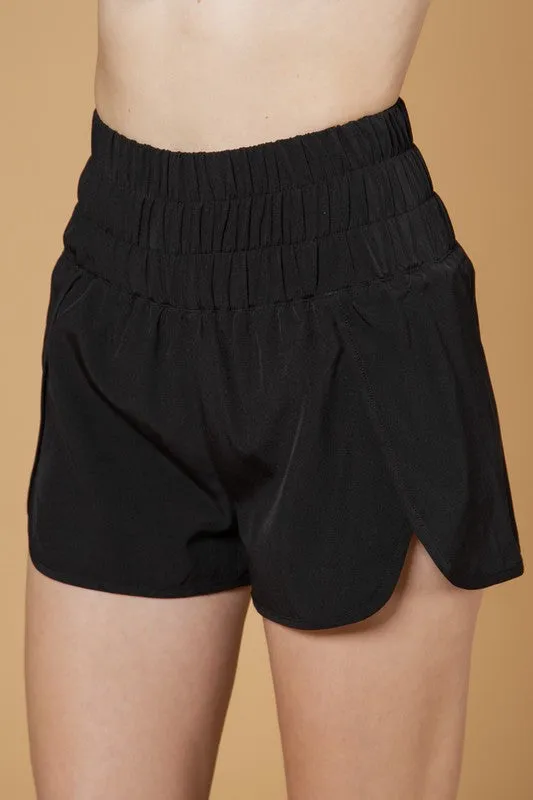 BLACK HIGH WAISTED SMOCKED WAIST SHORTS