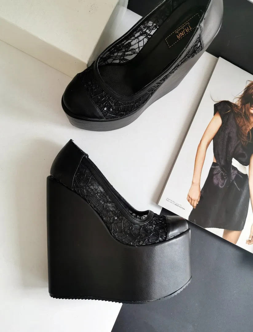 Black Lace  High Heel Wedges