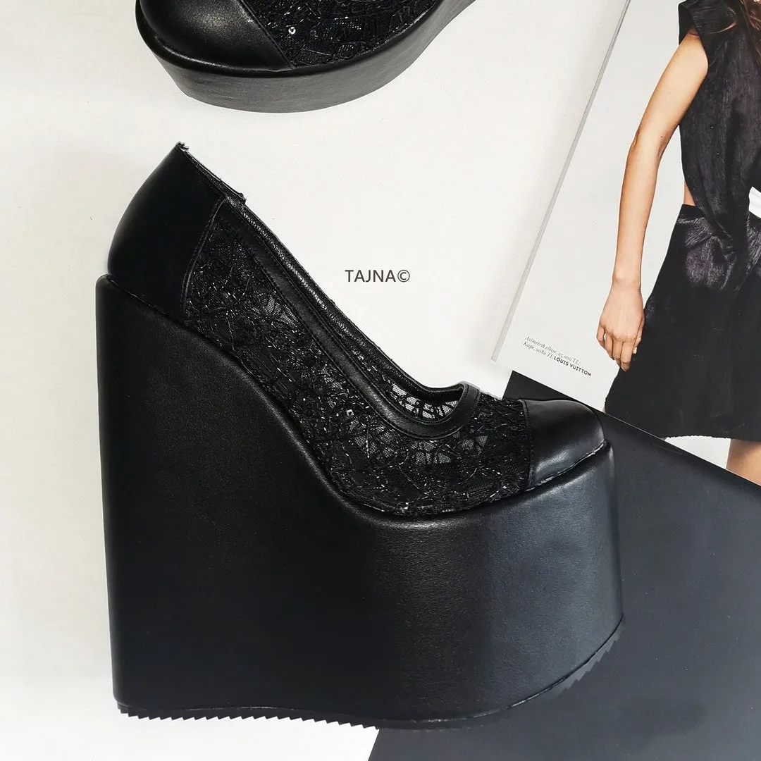 Black Lace  High Heel Wedges