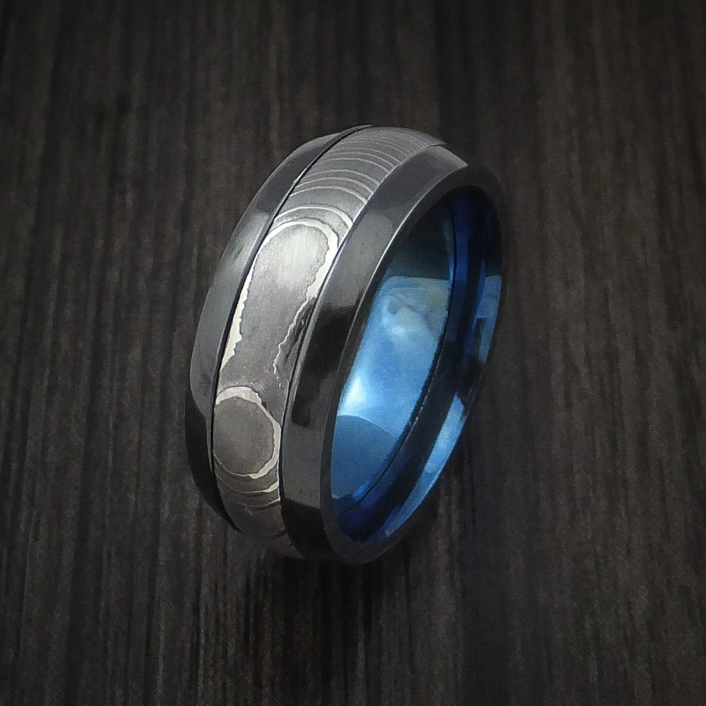 Black Zirconium and Damascus Steel Band with Anodized Interior Custom Made Men's Ring