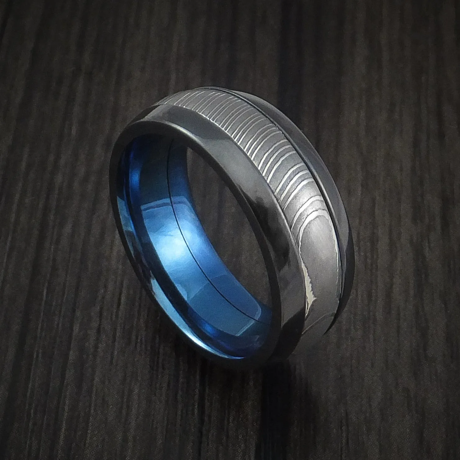 Black Zirconium and Damascus Steel Band with Anodized Interior Custom Made Men's Ring