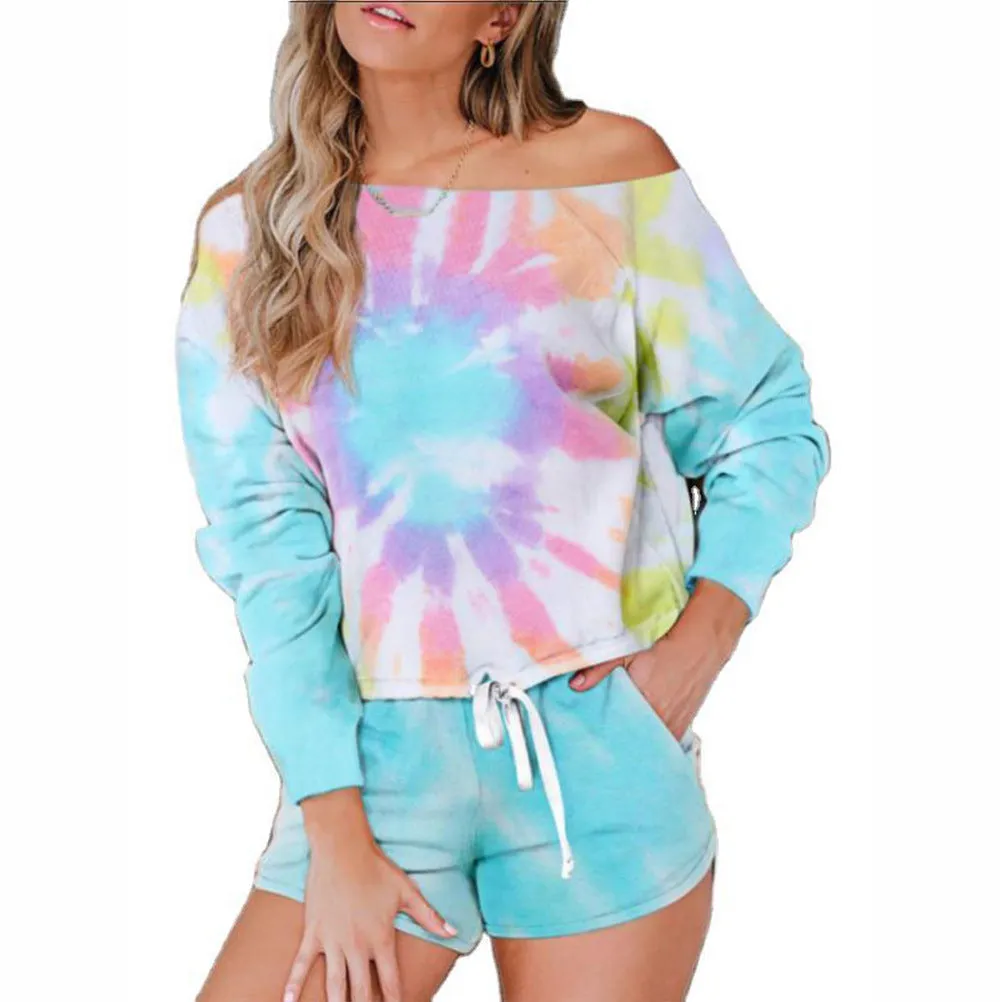 Bleach Tie Dye Two Piece Lounge Set Sweatsuit Shorts Set