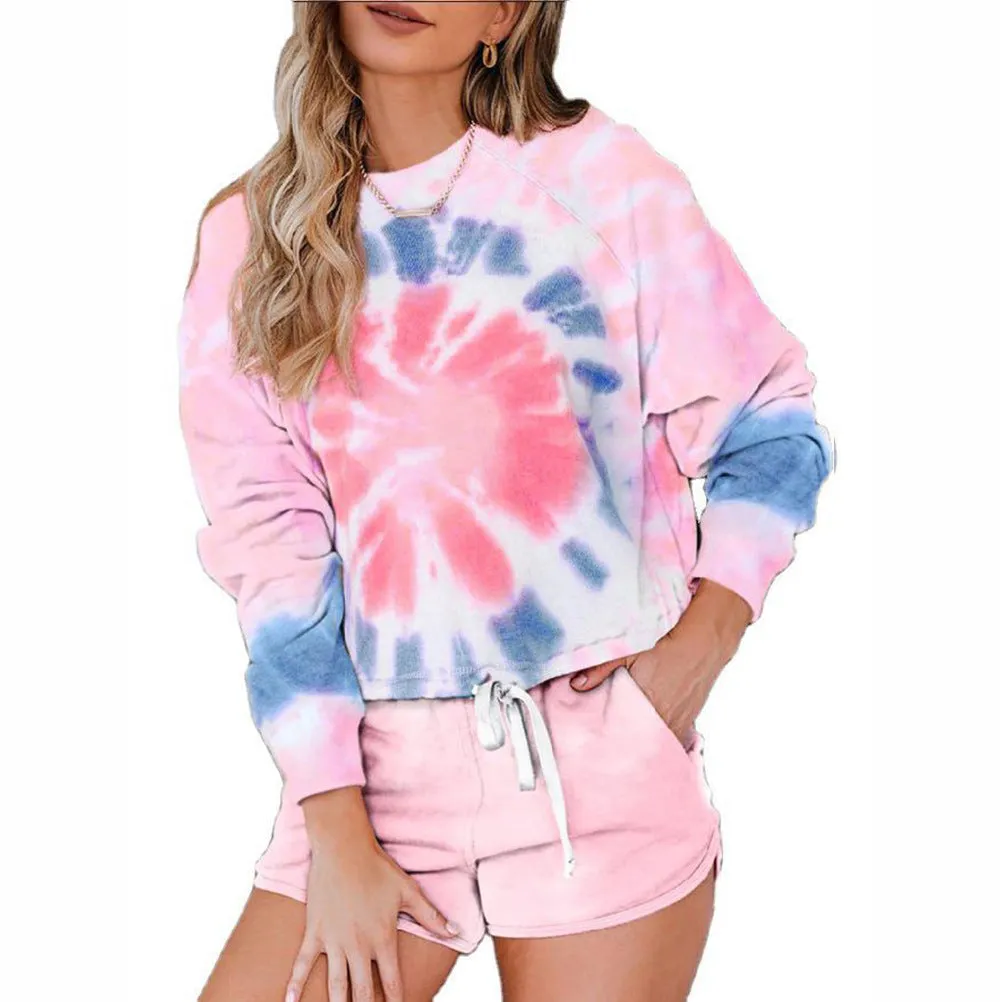 Bleach Tie Dye Two Piece Lounge Set Sweatsuit Shorts Set