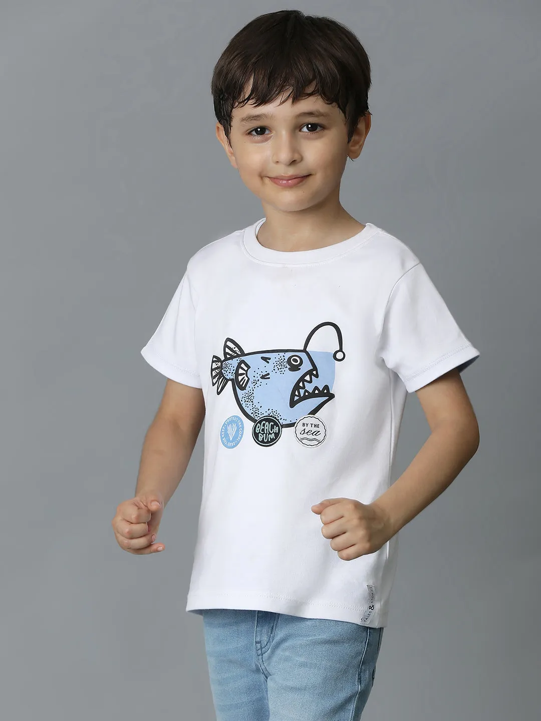 Boys White Printed T-Shirt