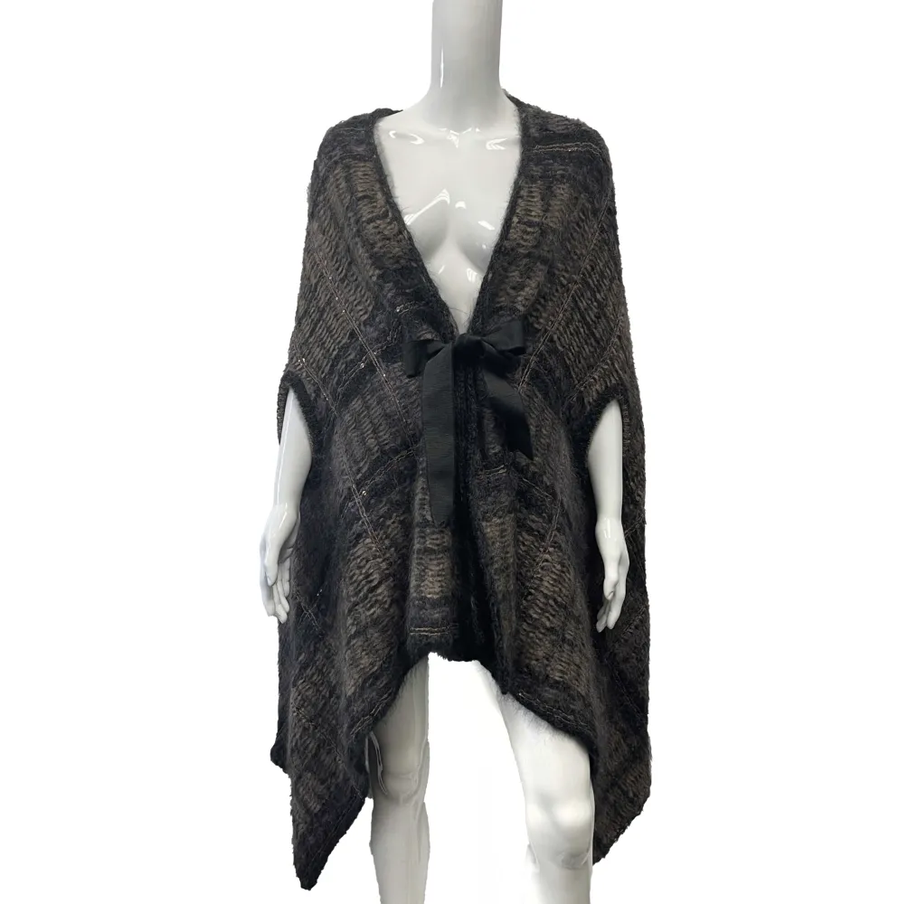 Brunello Cucinelli - Mohair Alpaca Tartan Sequin Bow Poncho Cape Sweater