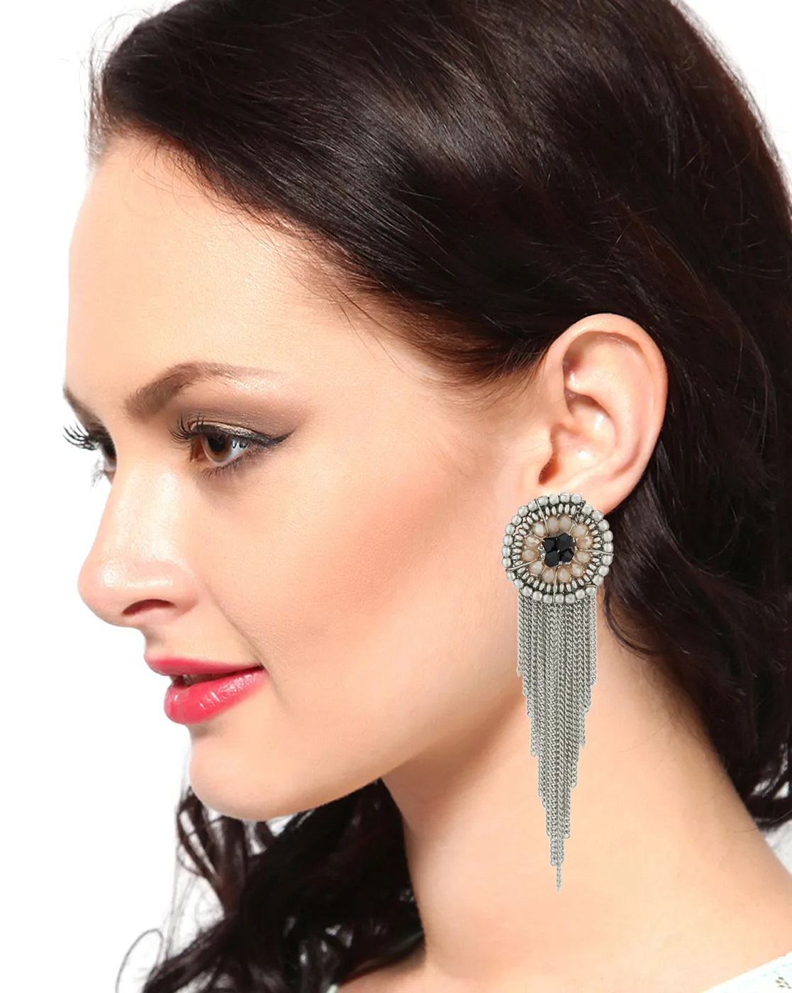 Carlton London Rhodium Plated Beaded Tasselled Circular Drop Earring For Women