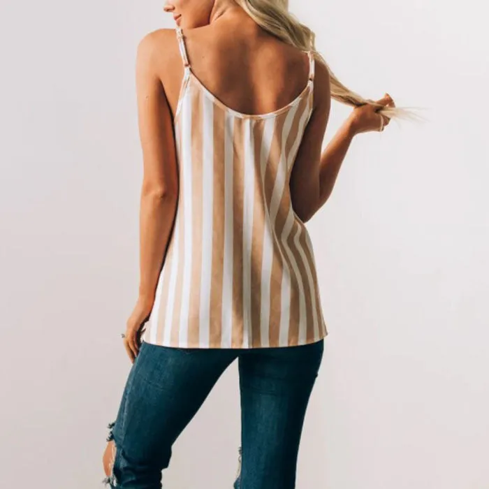 Casual Adjustable Spaghetti Striped Button Down Tank Top  Swing Vest