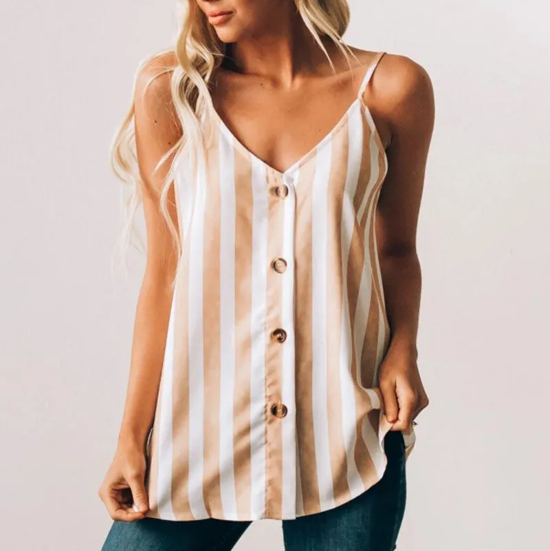 Casual Adjustable Spaghetti Striped Button Down Tank Top  Swing Vest