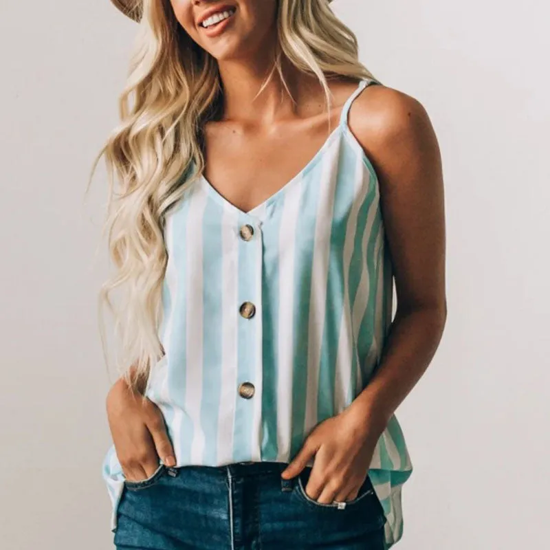 Casual Adjustable Spaghetti Striped Button Down Tank Top  Swing Vest