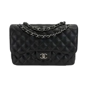 CHANEL CC Caviar Leather Jumbo Classic Double Flap Black / Silver Shoulder Bag