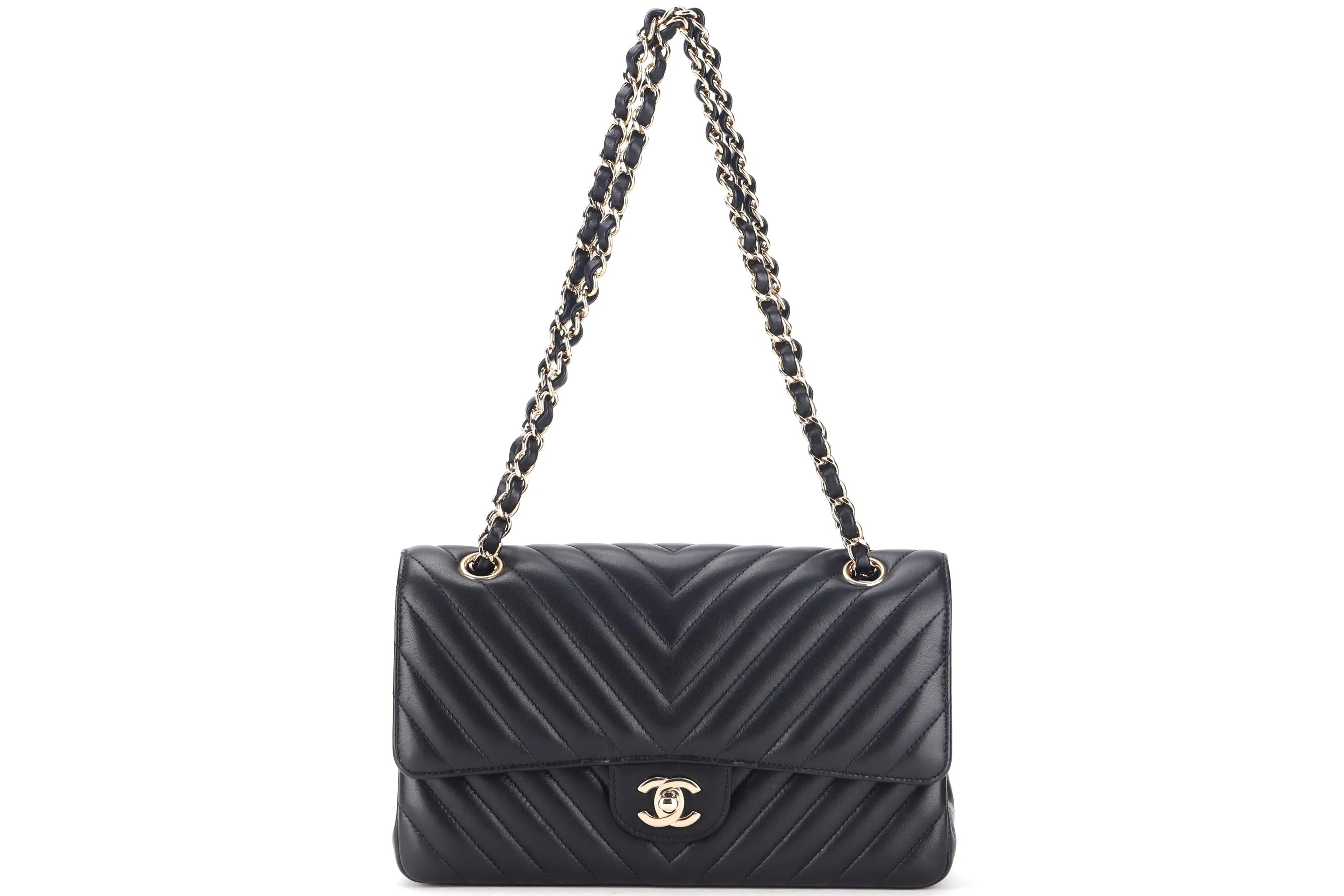 CHANEL CLASSIC DOUBLE FLAP CHEVRON (2467xxxx) MEDIUM BLACK LAMBSKIN WITH GOLD CHAIN, WITH CARD, DUST COVER & BOX