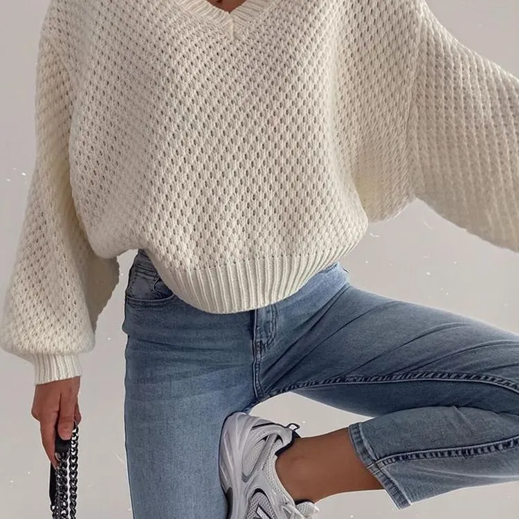 Chunky V Neck Waffle Knit Jumper Sweater For Ladies