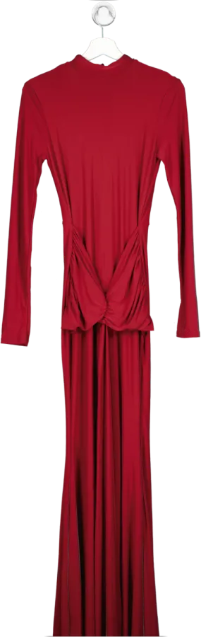 Club L Red Pietra - Berry High Neck Long Sleeve Knot Maxi Dress UK 8