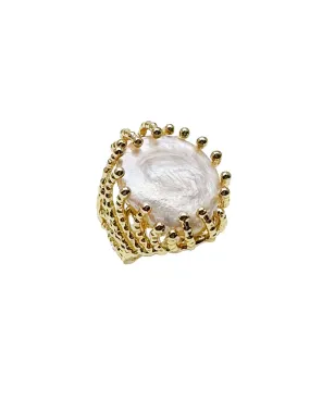 Coin Shaped Freshwater Pearl Open Ring KR001