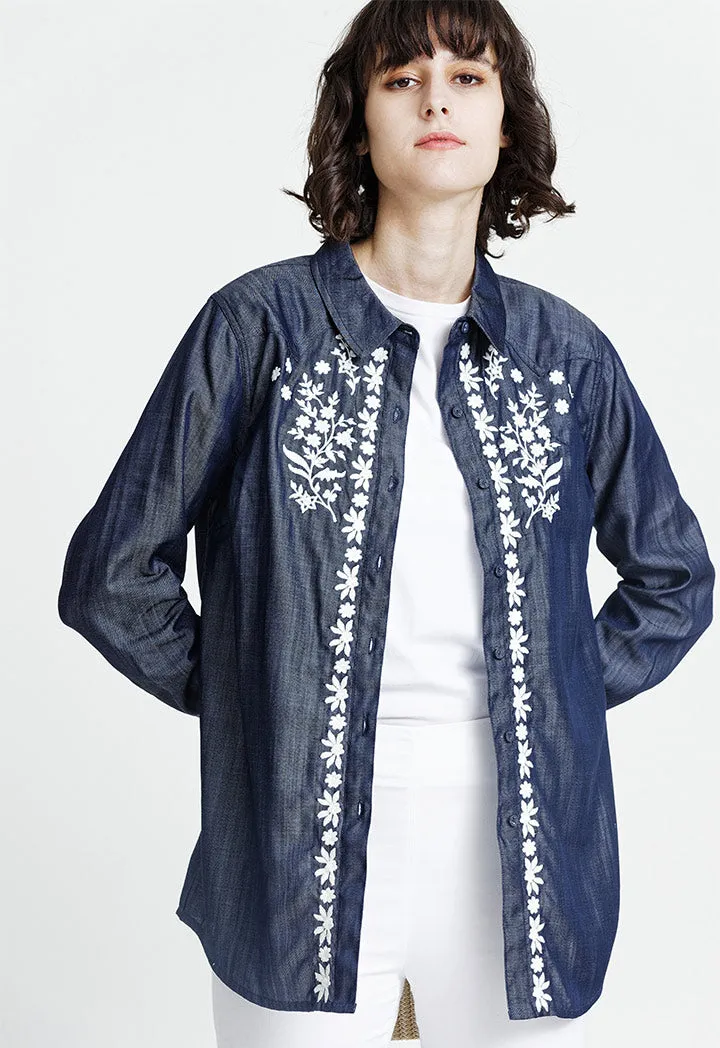 Contrast Embroidered Denim Shirt