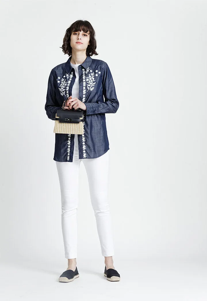 Contrast Embroidered Denim Shirt