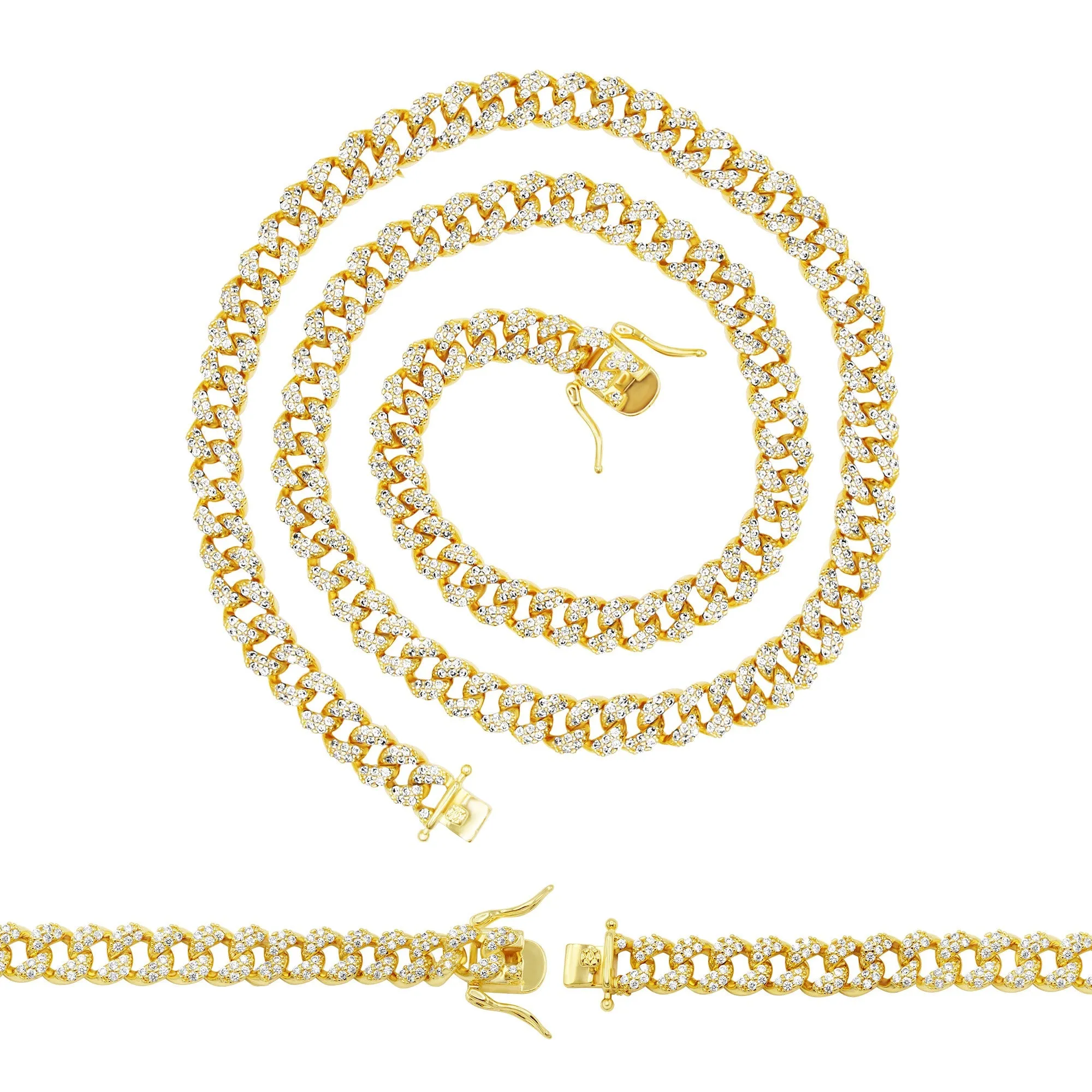 Cuban Link Necklace Bracelet Anklet 14K Gold Plated 8 mm Cubic Zirconia Curb Chain Men Women Fashion Jewelry