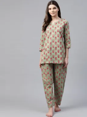 Divena Green Printed Loungewear /Nightwear