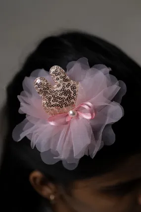 Elegant Pink Sequined Tulle Hair Clip with Pearl Accent for Girls