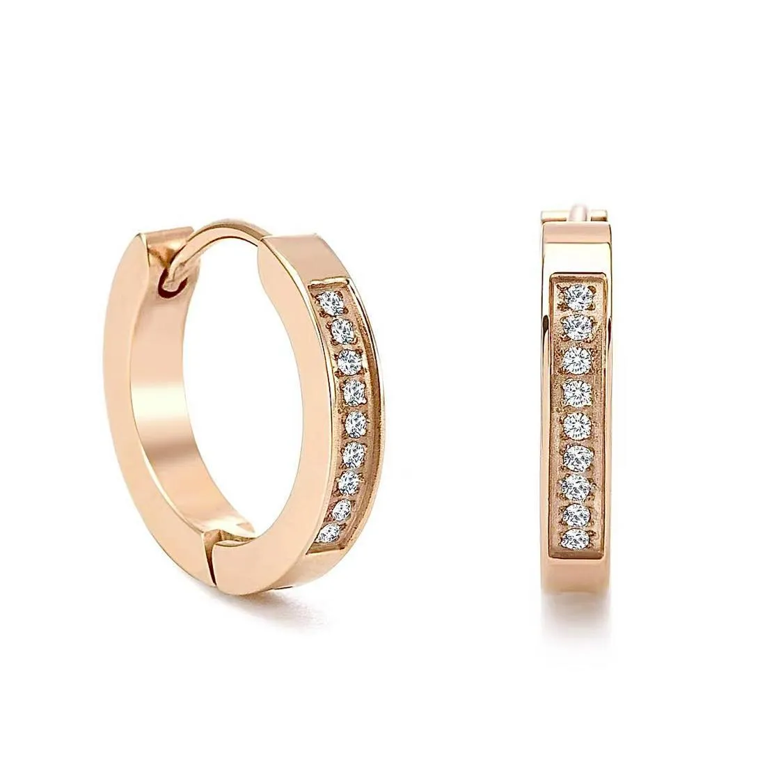 ER305RG B.Tiff 18-Stone Pave Rose Gold Plated Stainless Steel Hoop Earrings