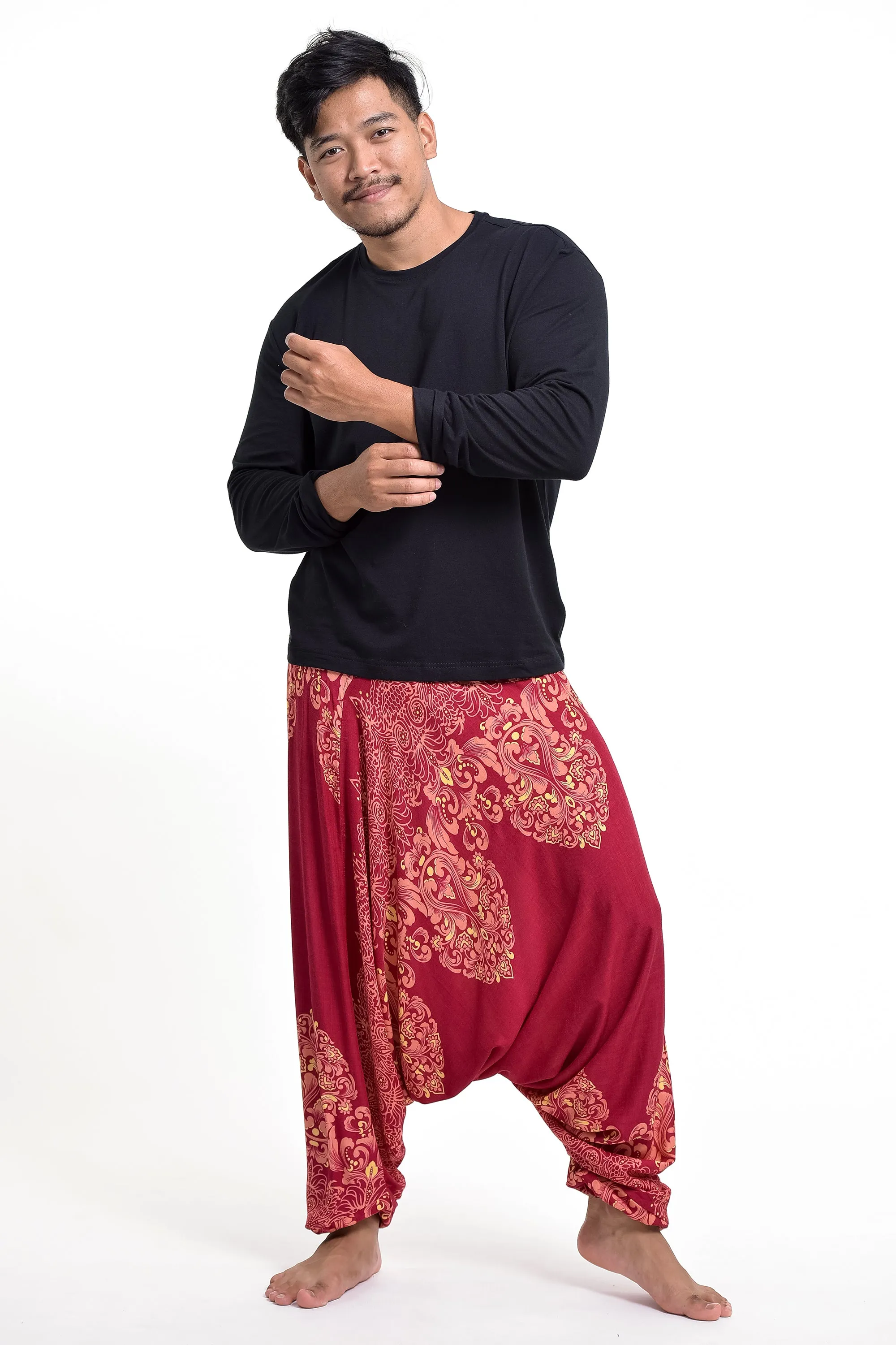 Floral Vines Drop Crotch Men's Harem Pants in Red