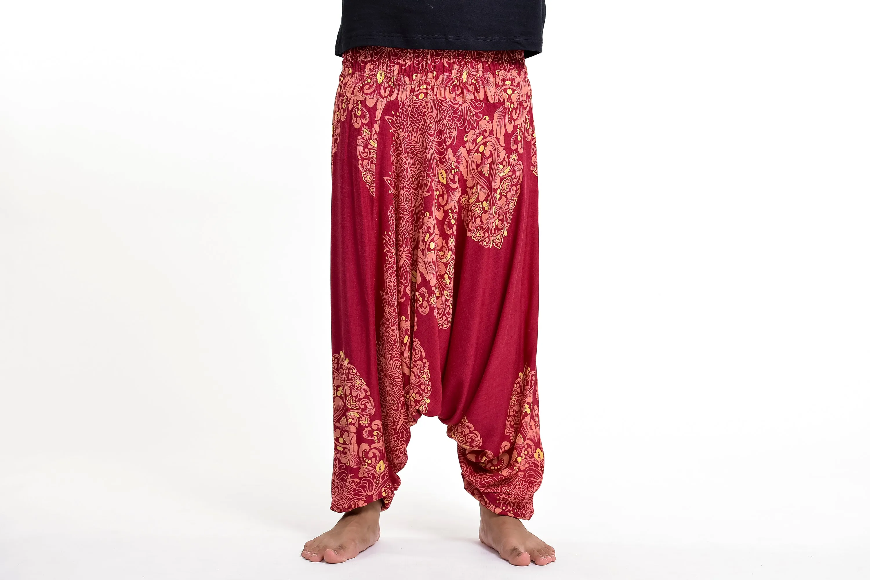 Floral Vines Drop Crotch Men's Harem Pants in Red