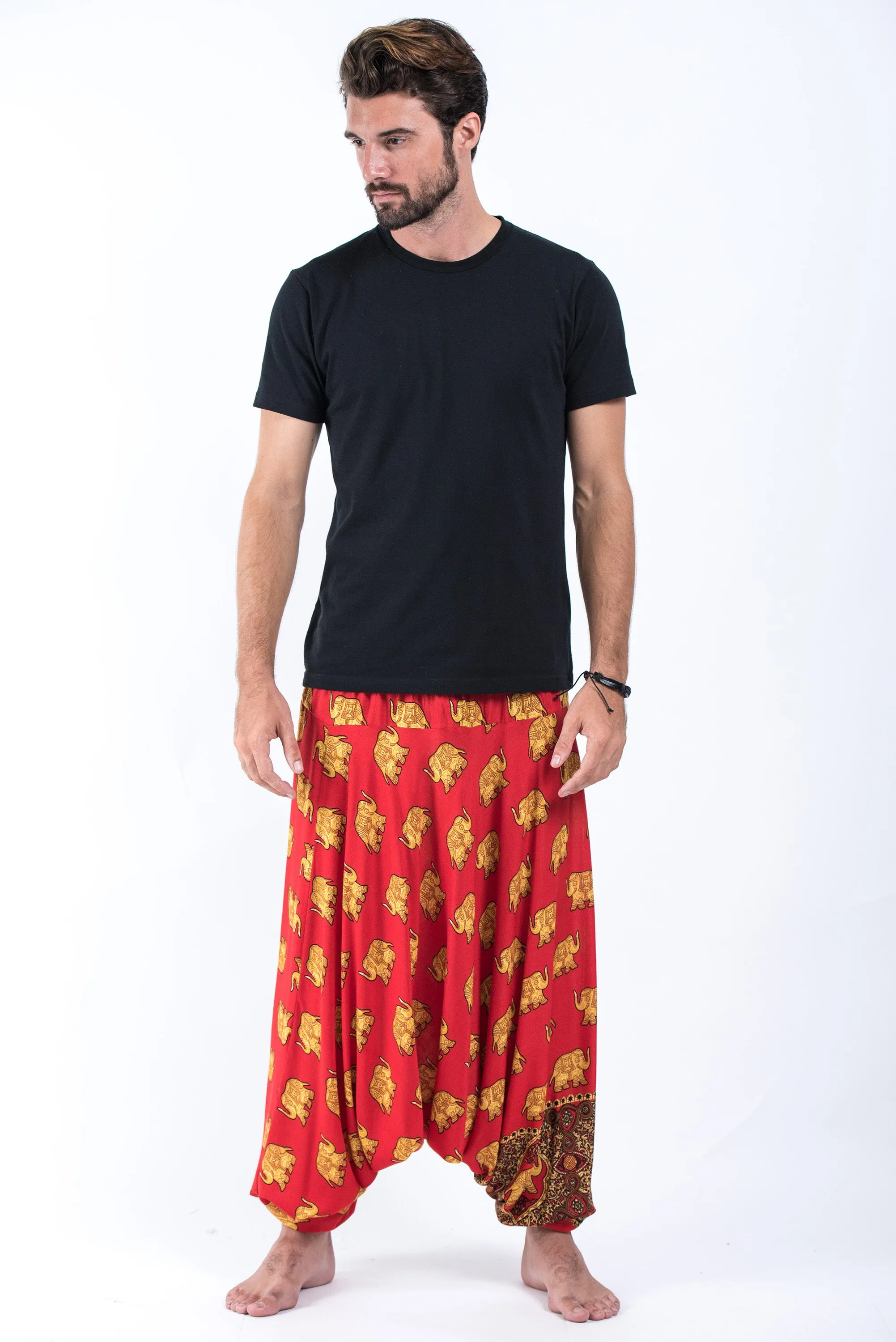 Golden Elephant Drop Crotch Men's Elephant Pants in Red