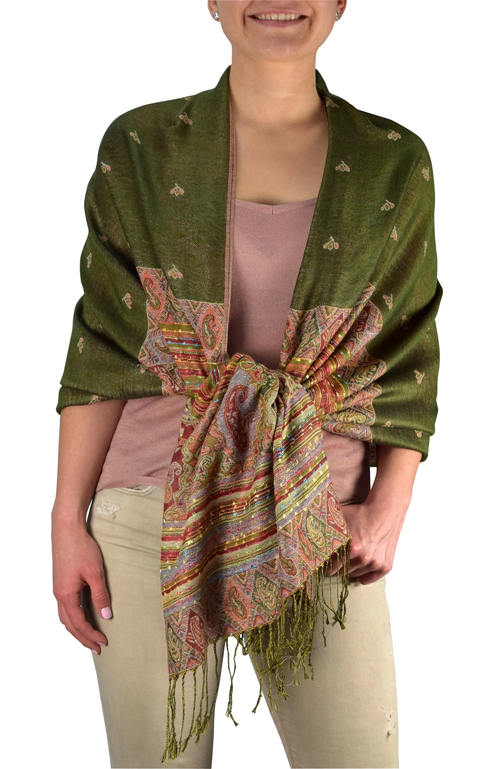 Green Ethnic Design Tribal Border Reversible Bohemian Pashmina Shawl Scarf Stole Wrap