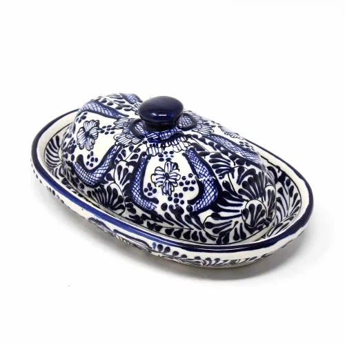 Handmade Pottery Butter Dish, Blue Flower - Encantada