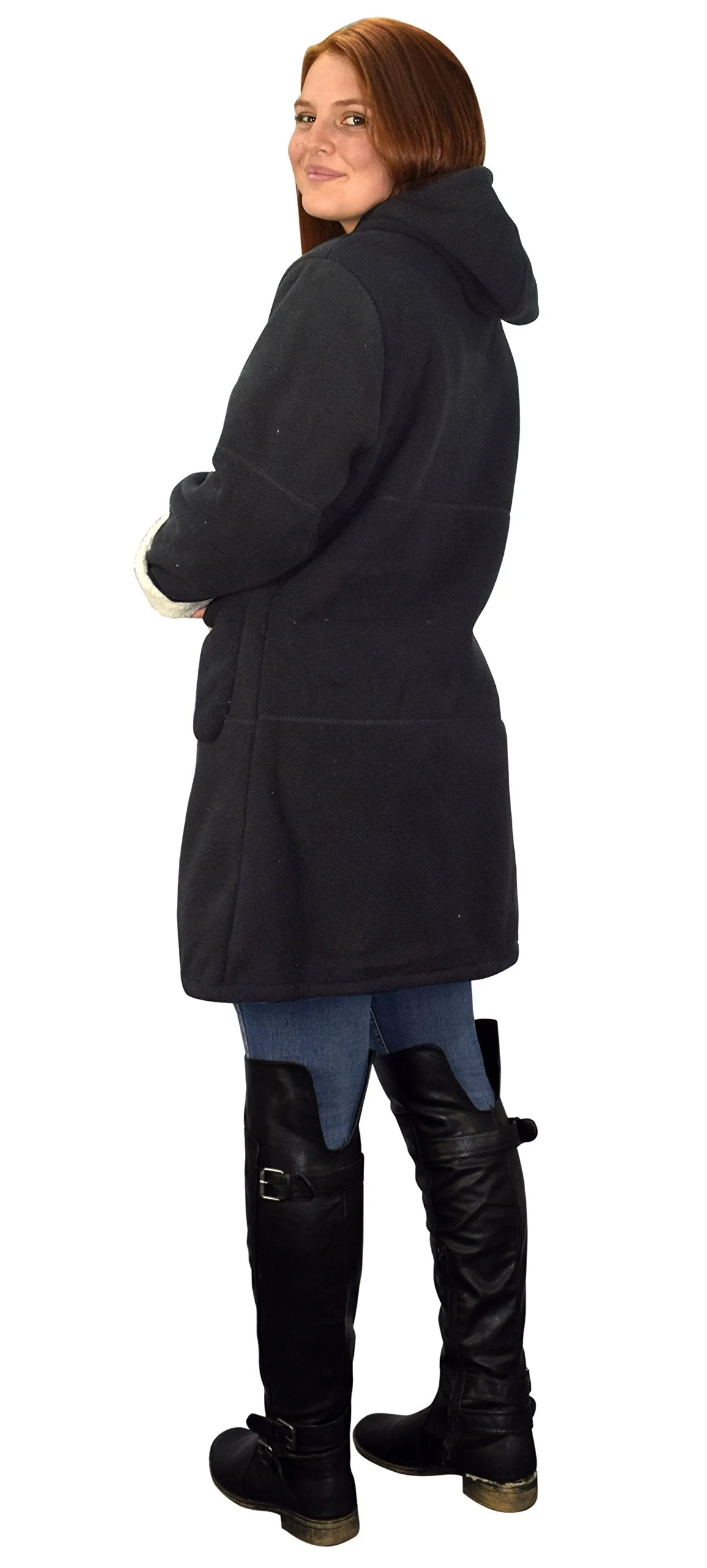 Hooded Double Pocket Polar Fleece Sherpa Lined Winter Pea Coat Black Large