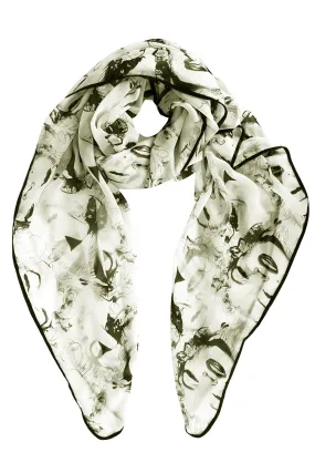 Ivory Vintage Chiffon Feel Marilyn Monroe Design Scarf/wrap w/Silk Black Border