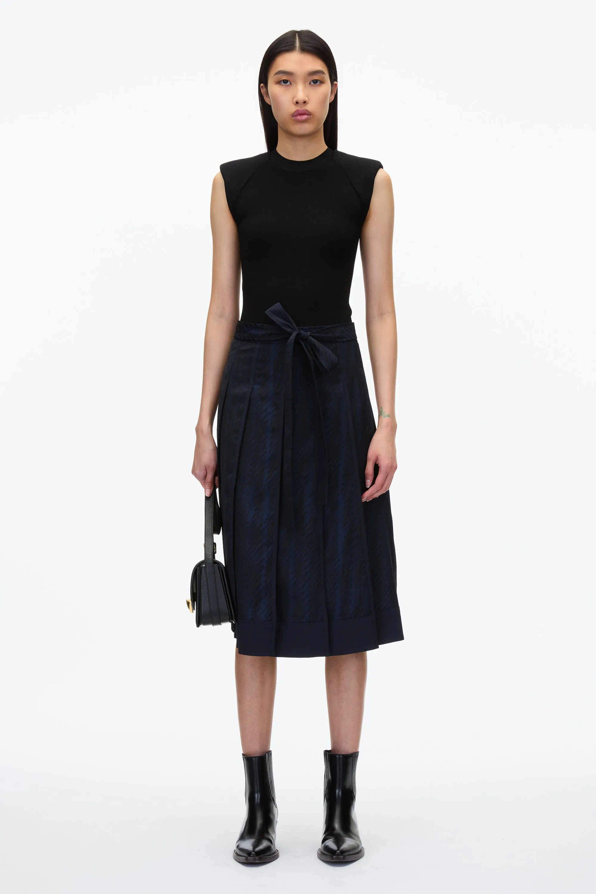 Jacquard Pleated Skirt with Tie Waist