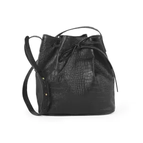 Lacy-Croco Embossed Genuine Leather Bucket Bag-Black