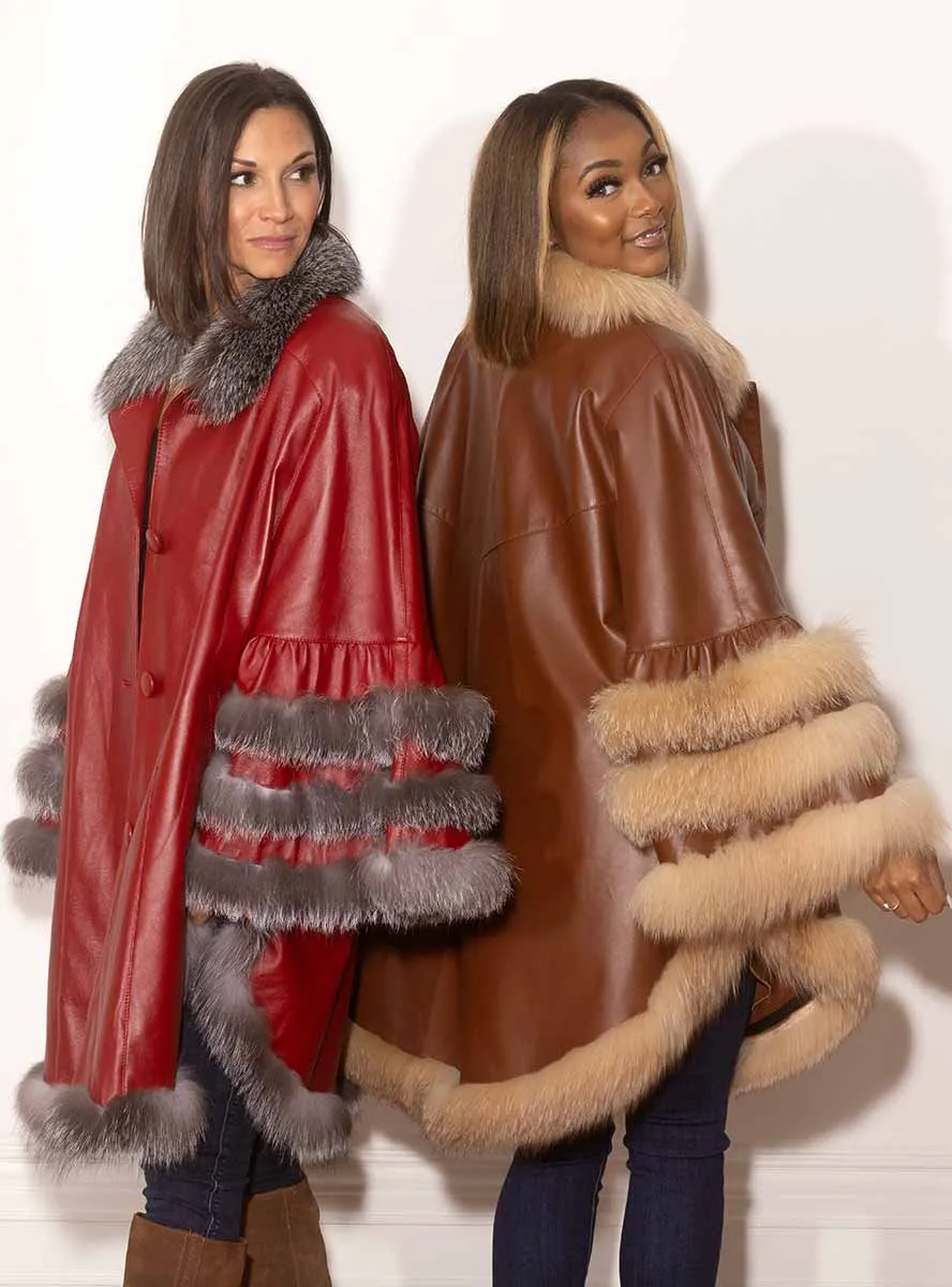 Leather Cape with Fox Fur Trim