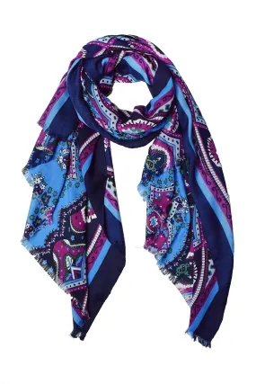 Light Blue/Magenta/Navy Peach Couture Elegant Floral Paisley Damask Soft Eyelet Fringe Long Scarf Shawl