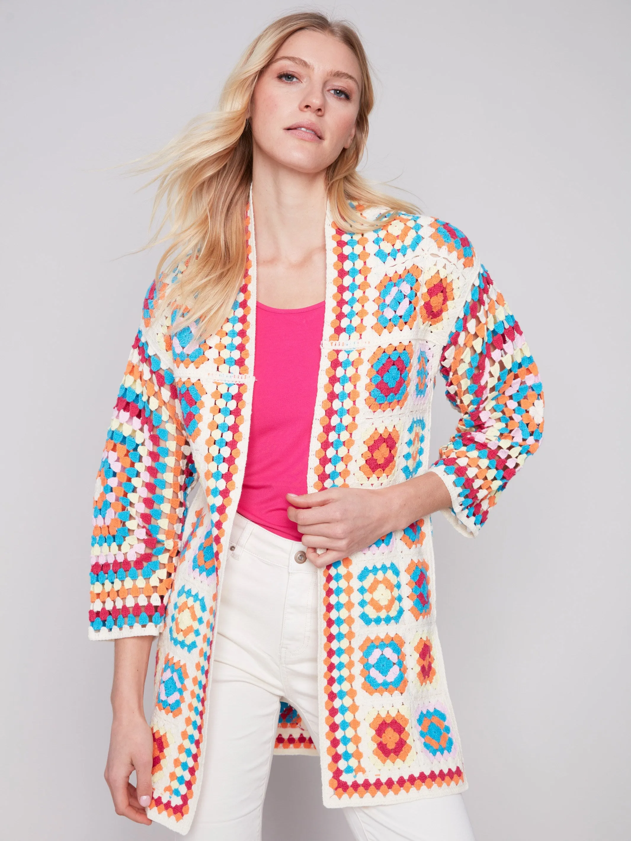 Long Color Block Crochet Cardigan - Punch