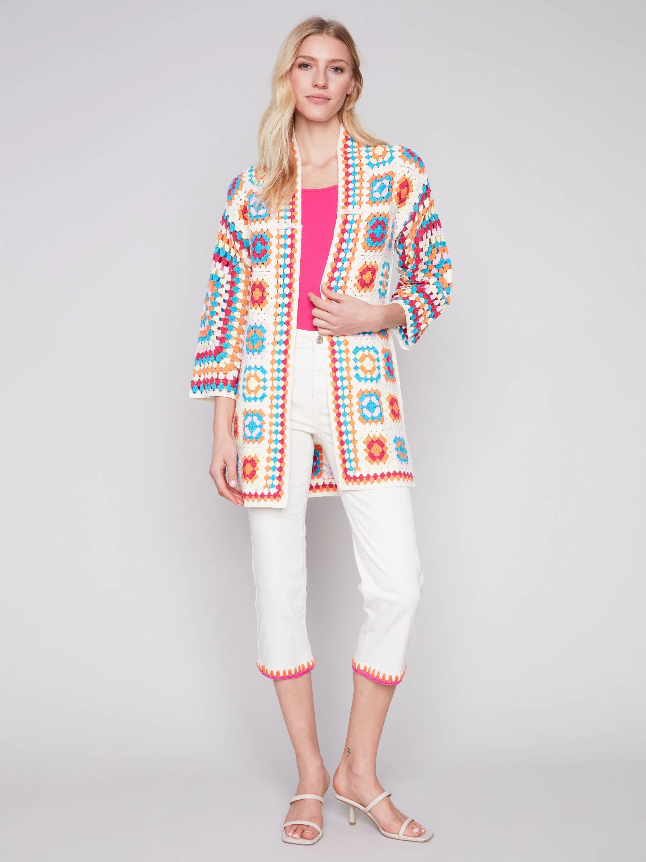 Long Color Block Crochet Cardigan - Punch